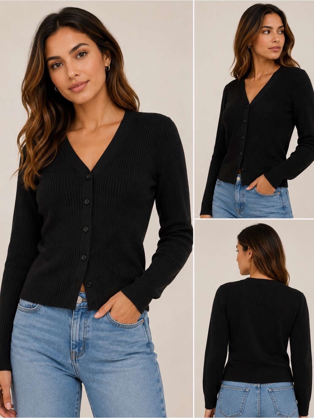Women's Black Ribbed V-Neck Button Cardigan Sweater